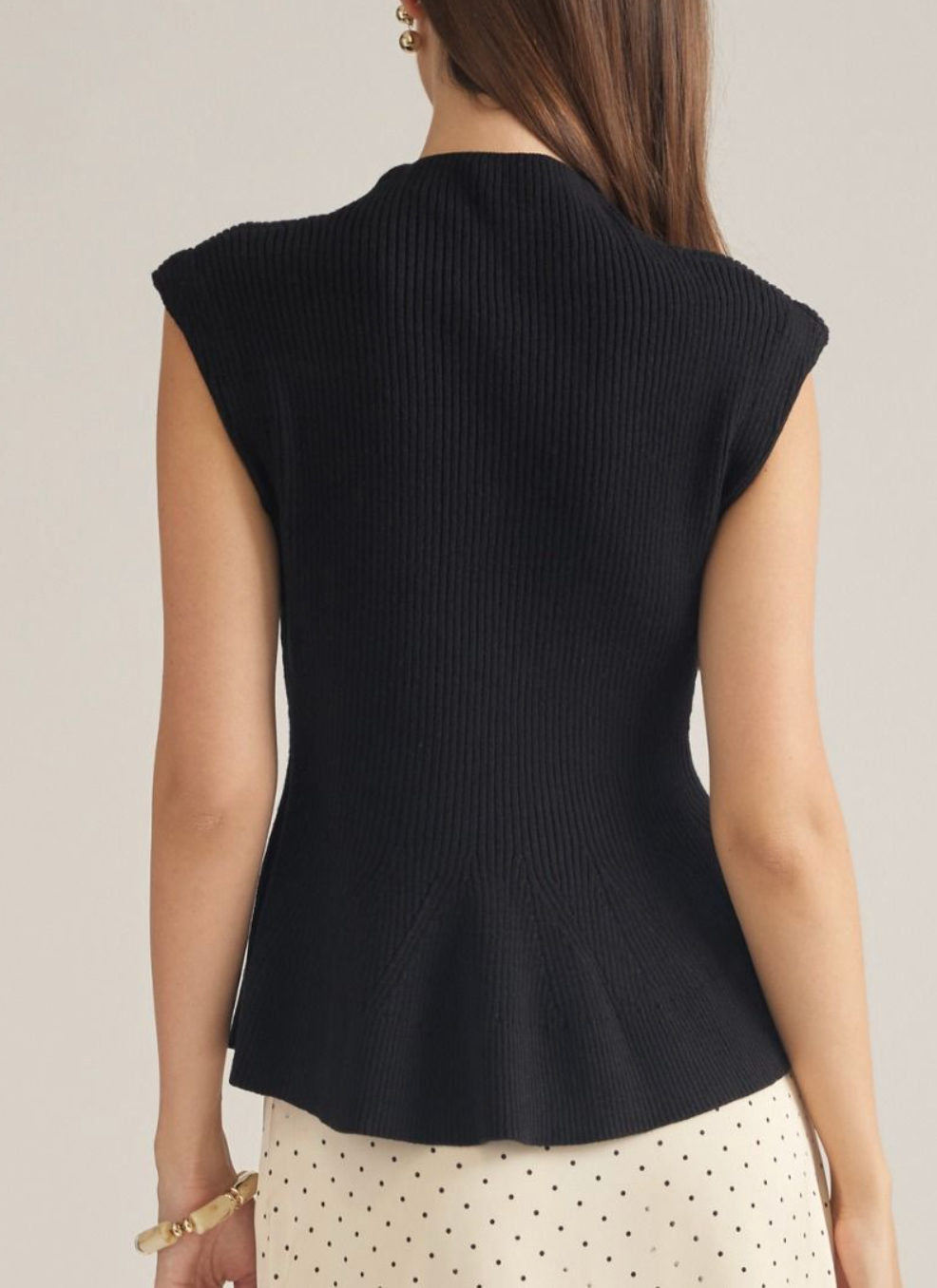 Black Cap Sleeve Ribbed Mock Neck Sweater
