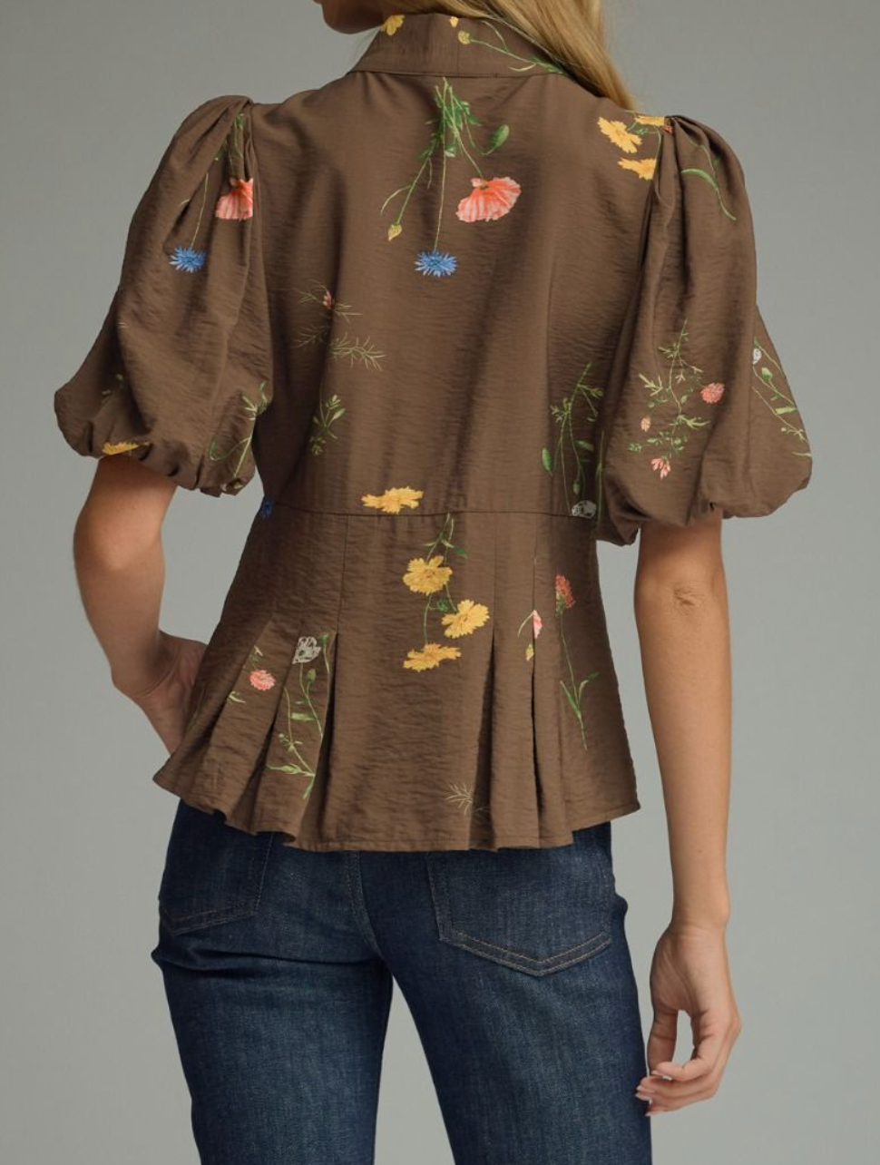 Brown Floral Puff Sleeve Top with Neck Bow