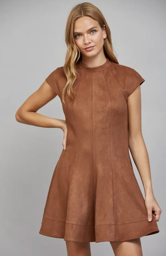 Faux Suede High Neck Cap Sleeve Dress