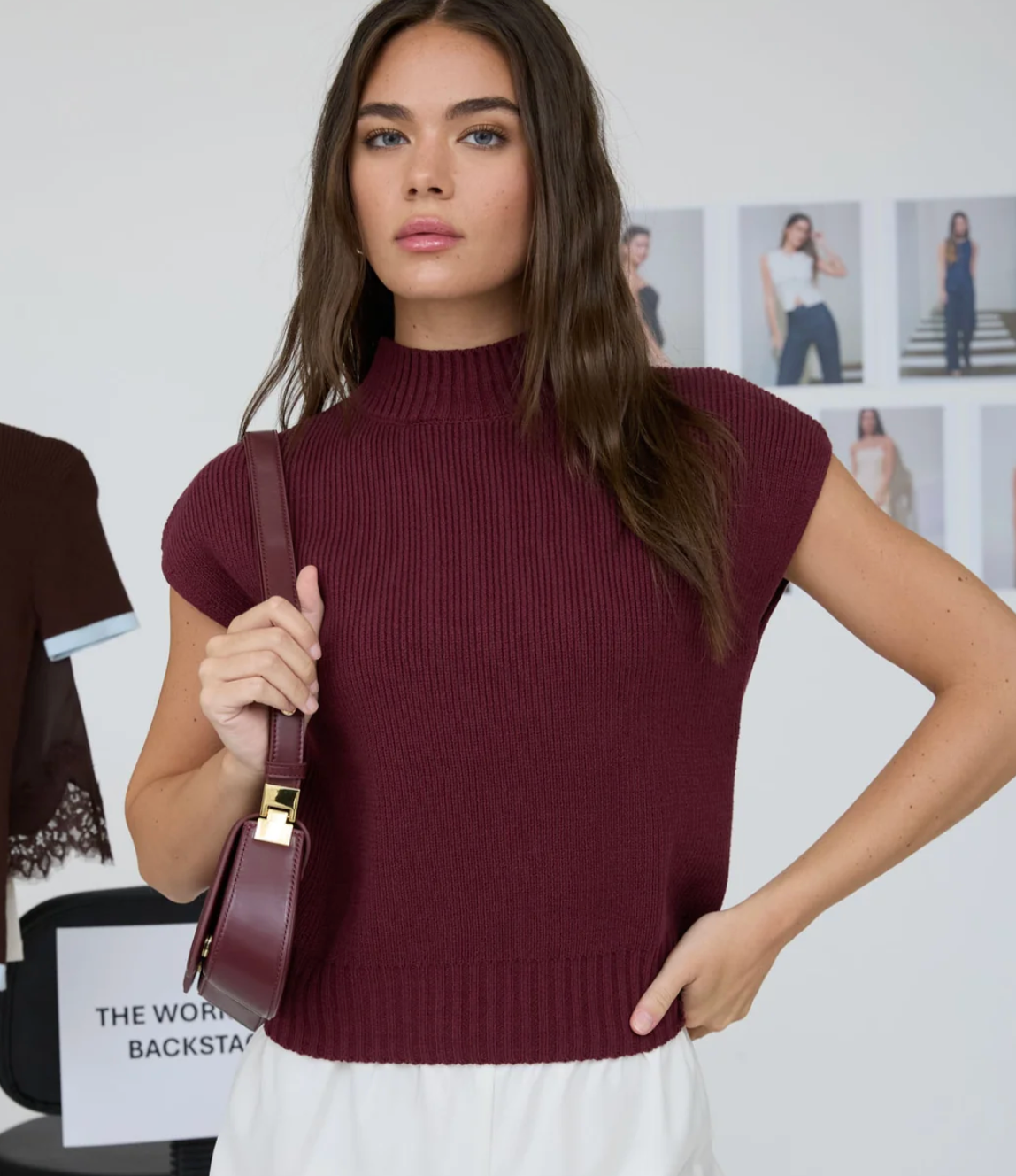 Mock Neck Sleeveless Knit Sweater- Burgandy
