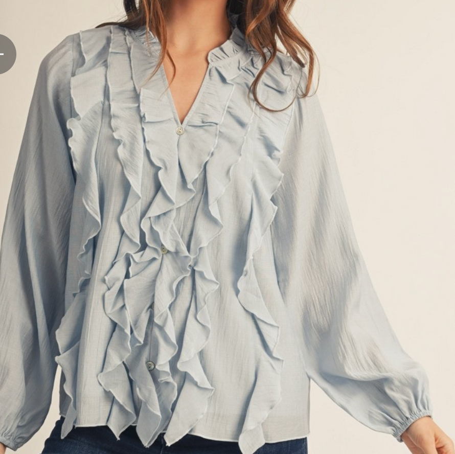 Drape Ruffle Detail Crinkle Solid Blouse- Denim