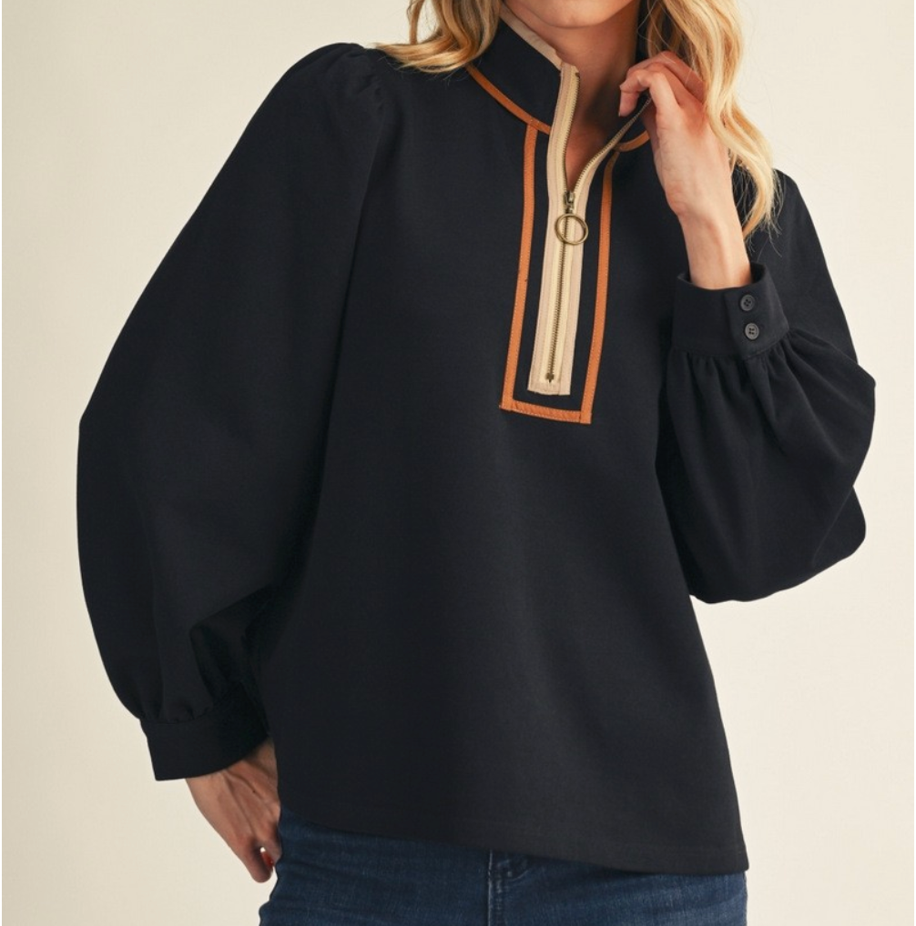 Color Contrast Trim Accent Front Zip Up Casual Top- Black