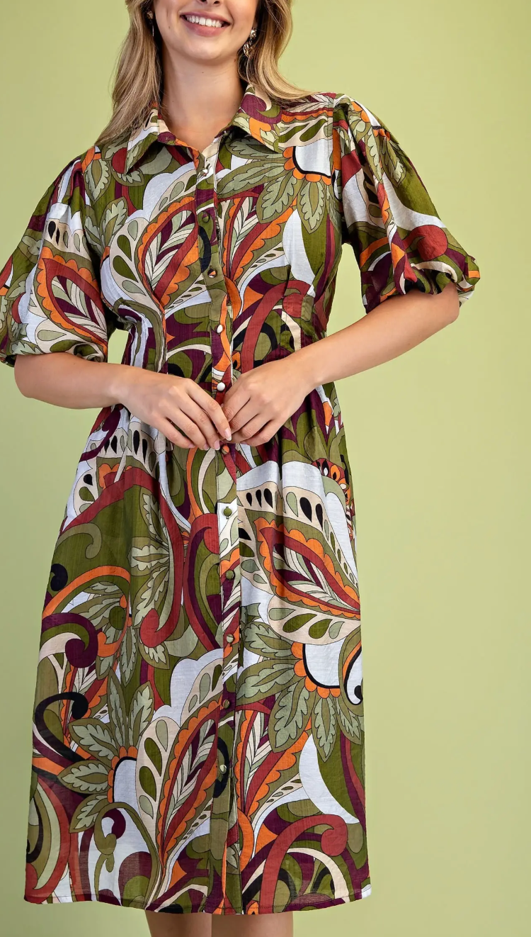 Printed Puff Sleeve Midi Shirt Dress- Olive Mix