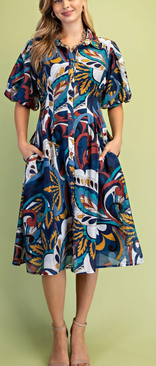 Puff Sleeve Midi Dress- Indigo