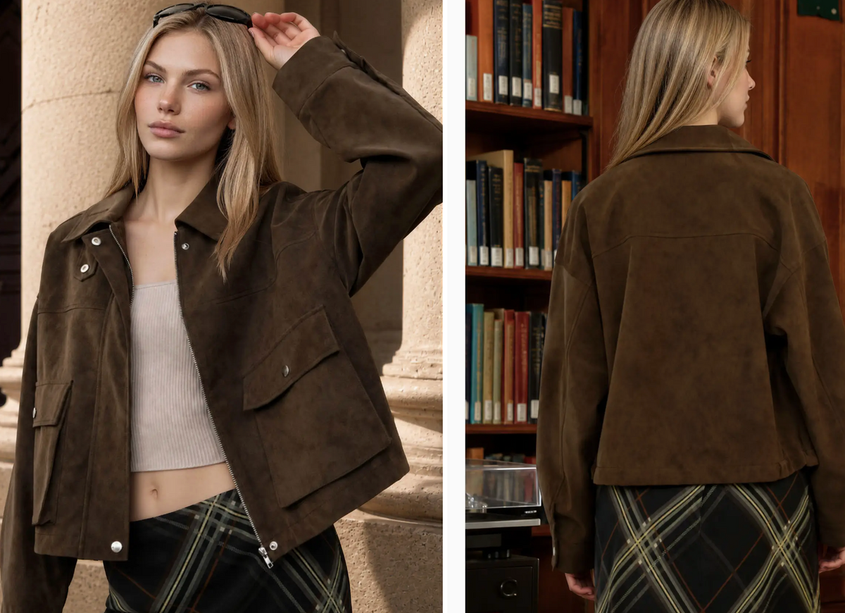 Zip Up Suede Jacket Brown