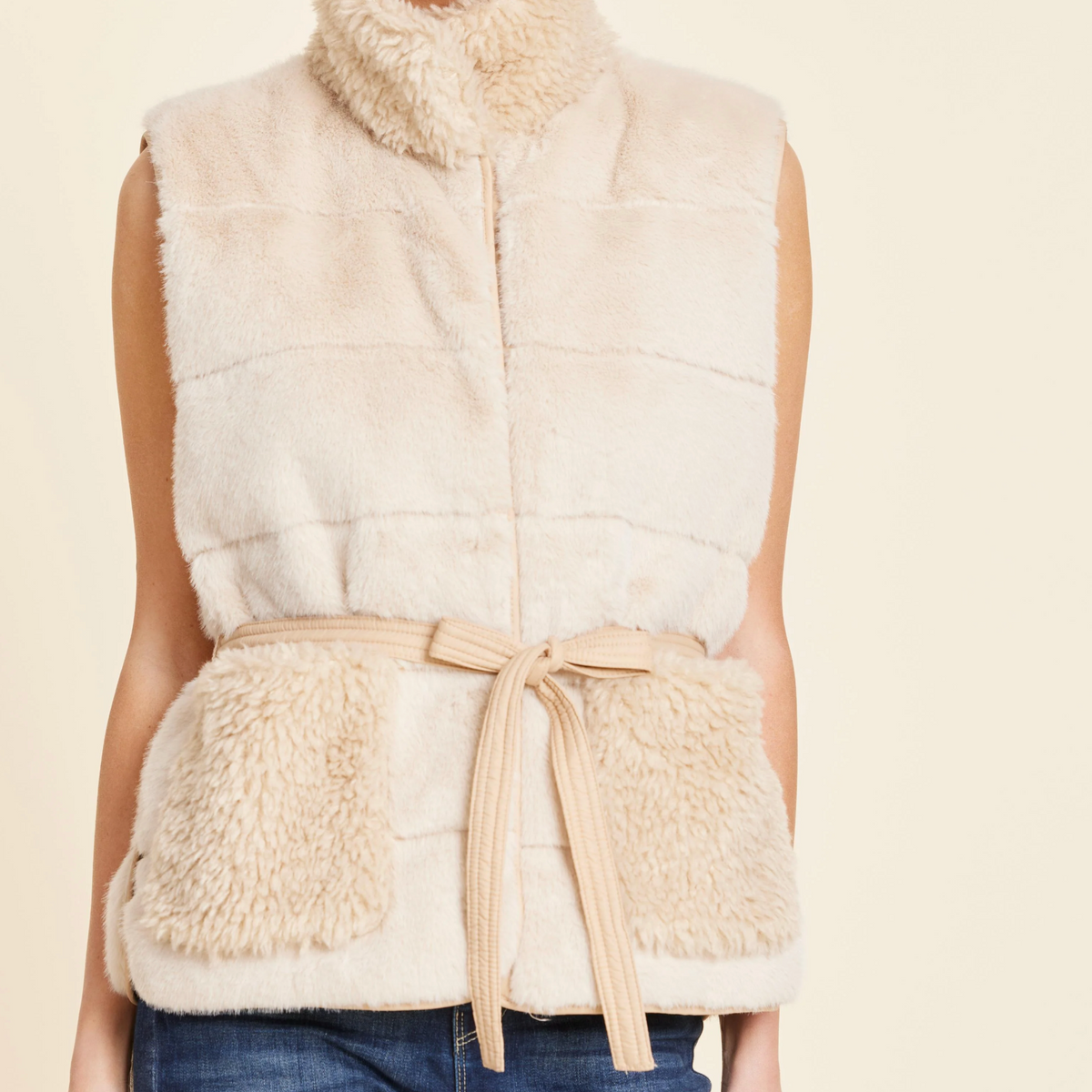 Faux Fur Trim Vest- Beige Multi
