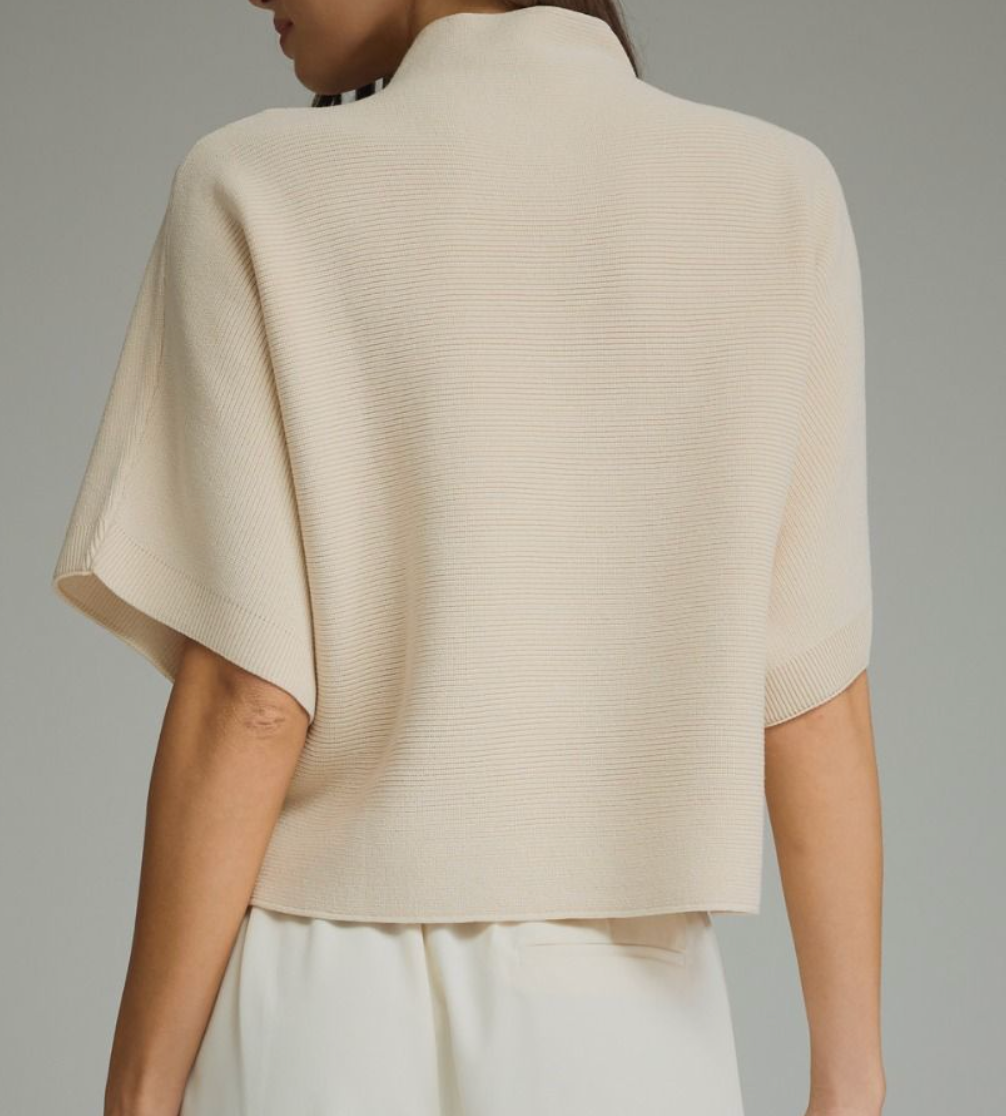 Solid Mock Neck Short Sleeve Sweater- Ecru