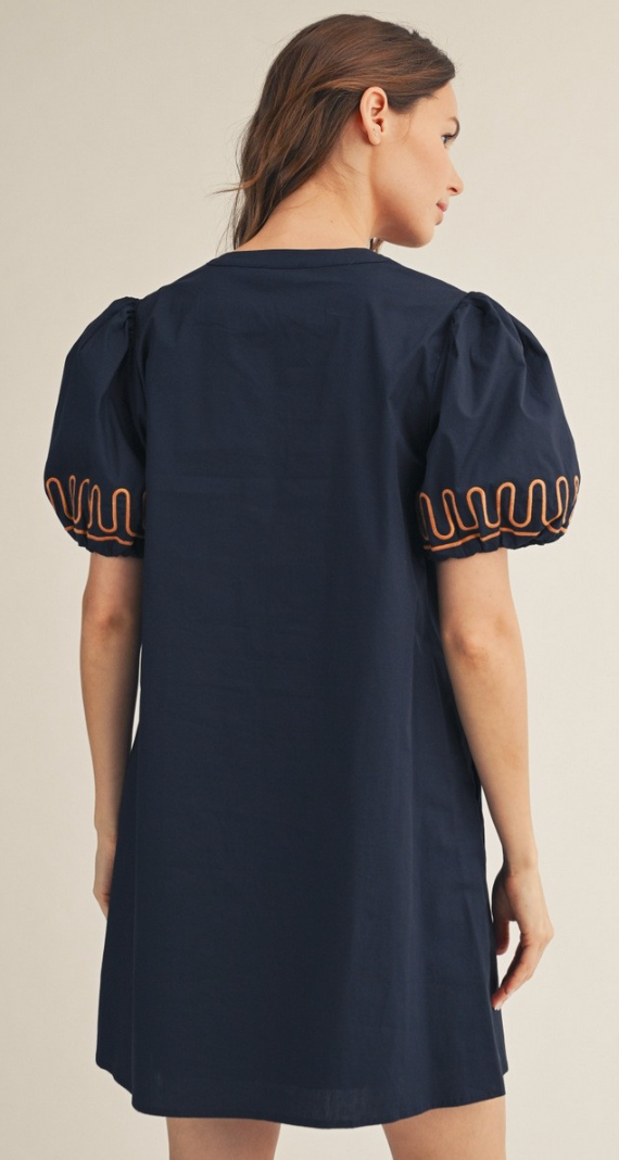 Puff Sleeves Embroidered Shift Dress- Navy