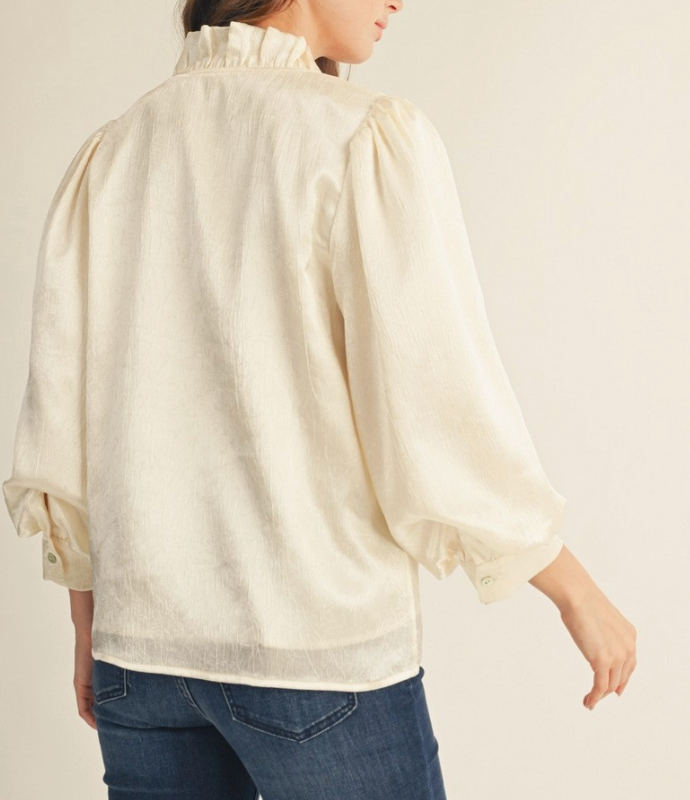 Ruffled Neckline Button Down Metallic Blouse