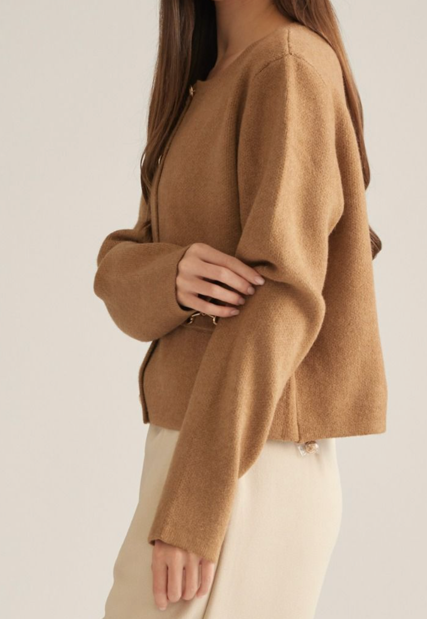 Camel Knit Cardigan w/ Decorative Buckles