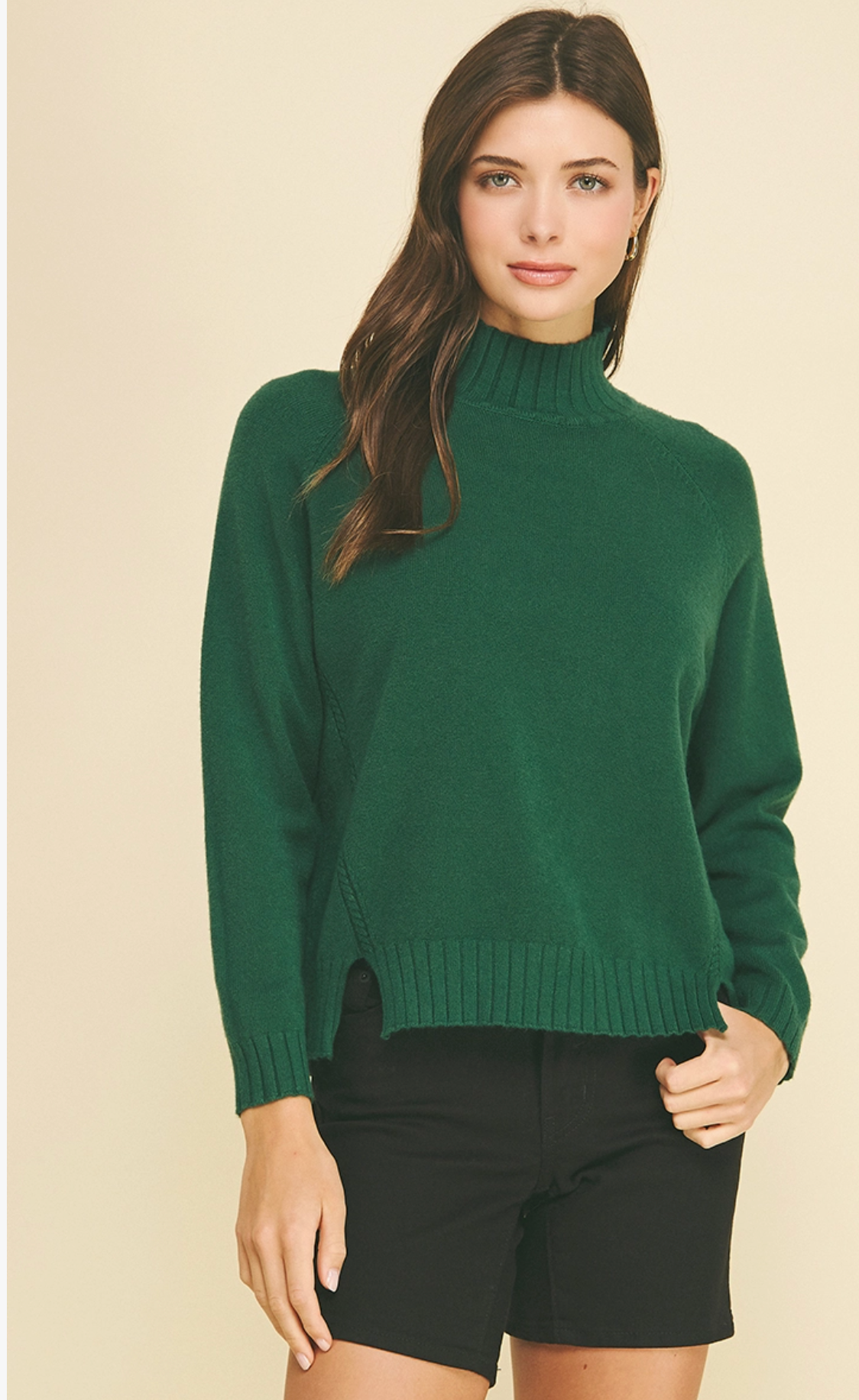Mock Neck Sweater w/ Side Slit- Green