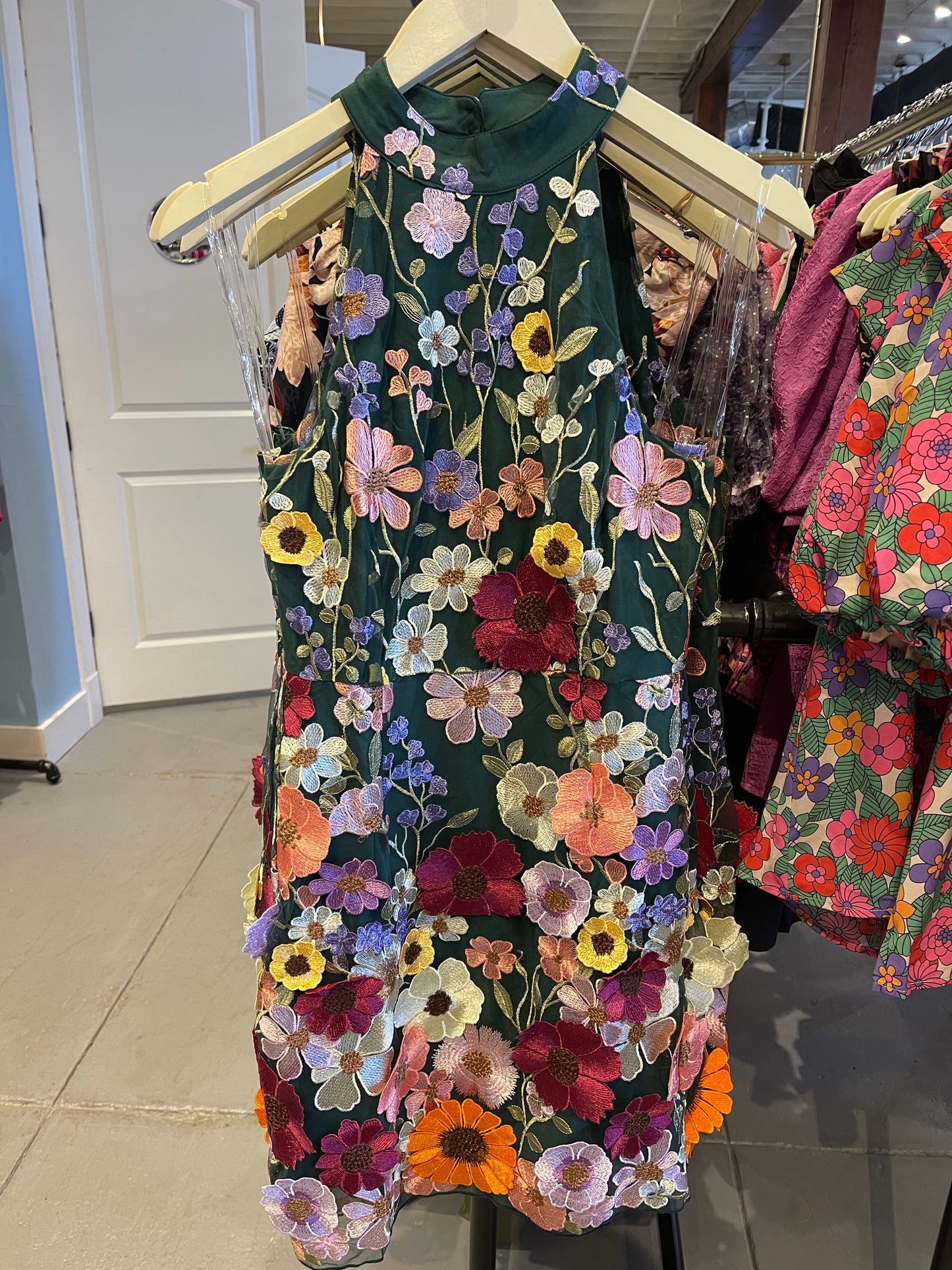 Floral Embroidered Halter Neck Dress - Hunter Green