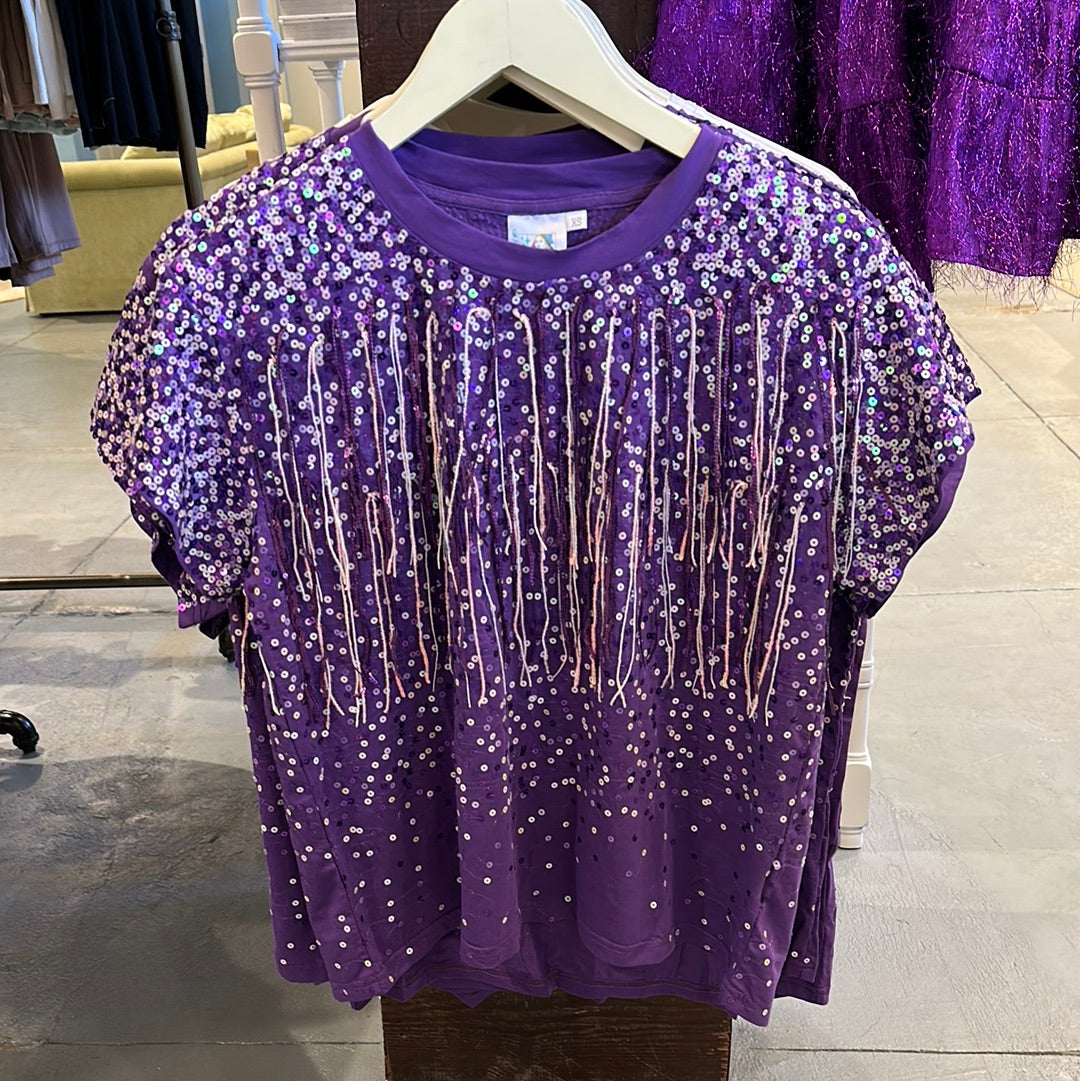 QUEEN OF SPARKLES Purple & White Sequin Fringe Tee – Spring and Prince