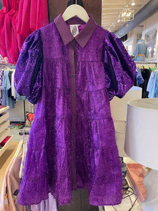 QUEEN OF SPARKLES Purple Tinsel Sequin Sleeve Dress