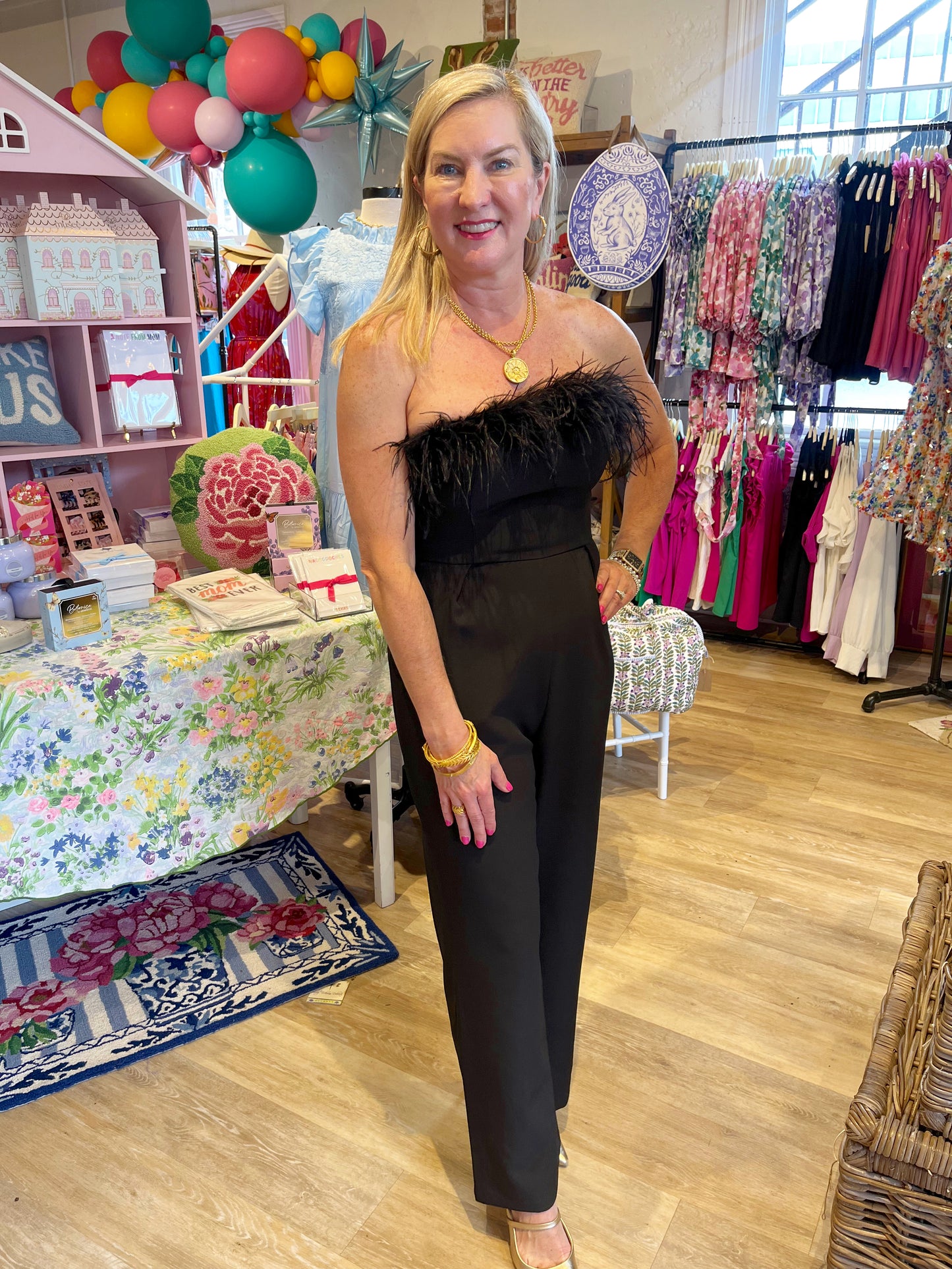 Solid Feather Trimmed Jumpsuit - Black