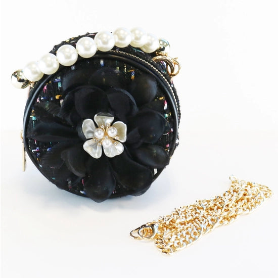 Round Flower Tweed Purse - Black