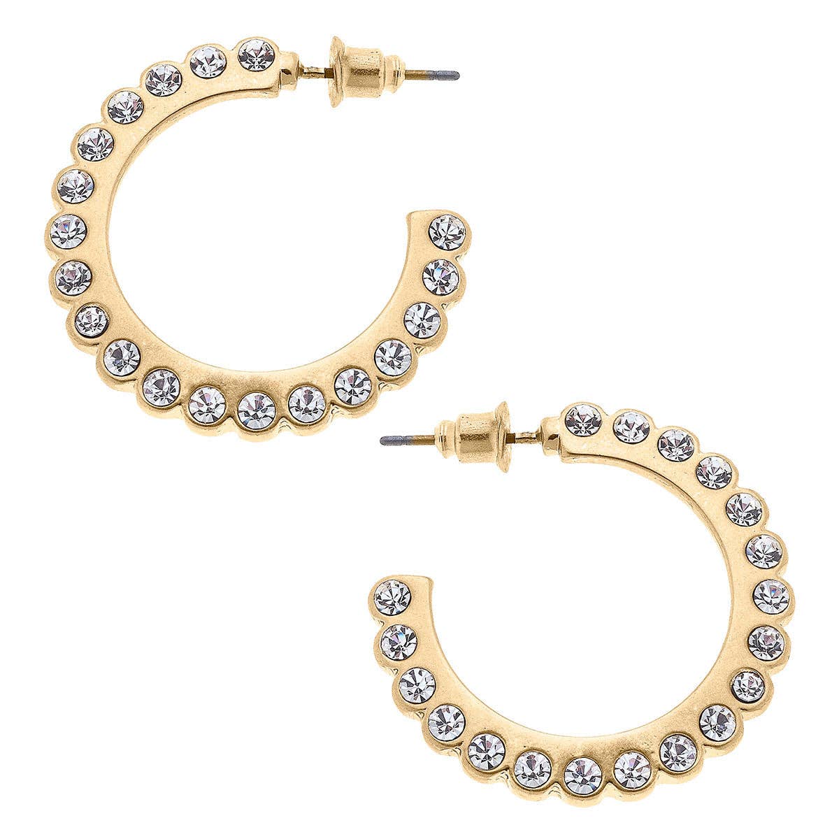 Khloe Pavé Scalloped Hoop Earrings in Worn Gold
