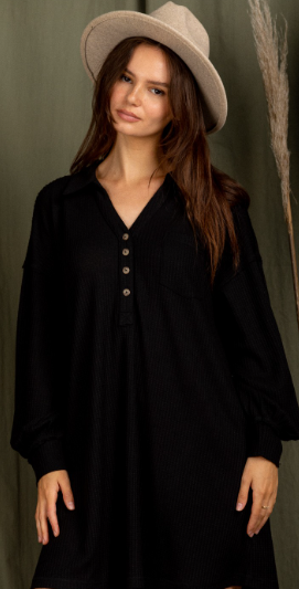 Solid Waffle Knit Mini Dress - Black
