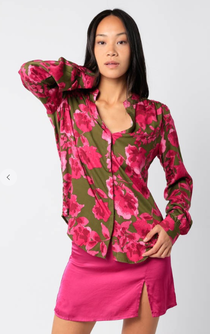 Mandarin Floral Button Up Top - Green
