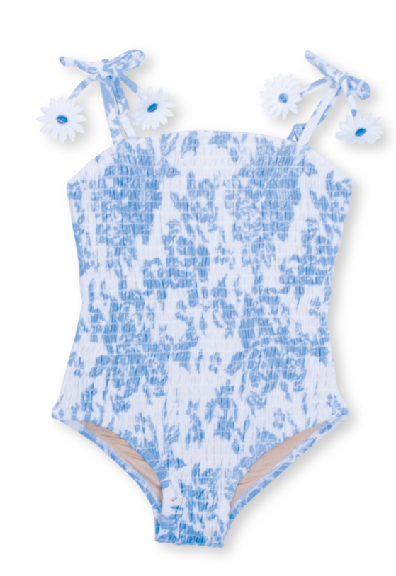 One Piece Smocked Swimsuit - Blue Bouquet