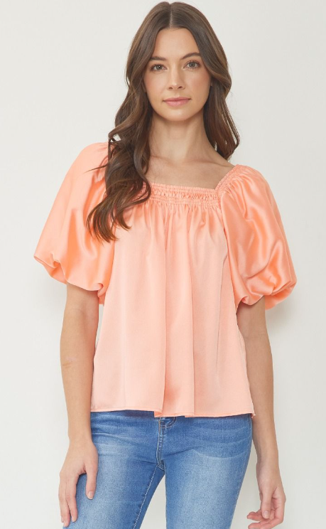 Satin Square Neck Bubble Sleeve Top - Peach