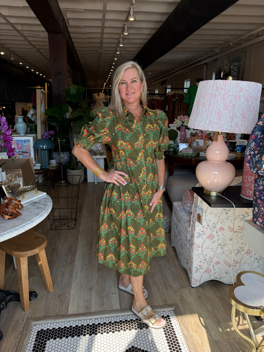 Floral Print Puff Sleeve Midi Dress-Olive