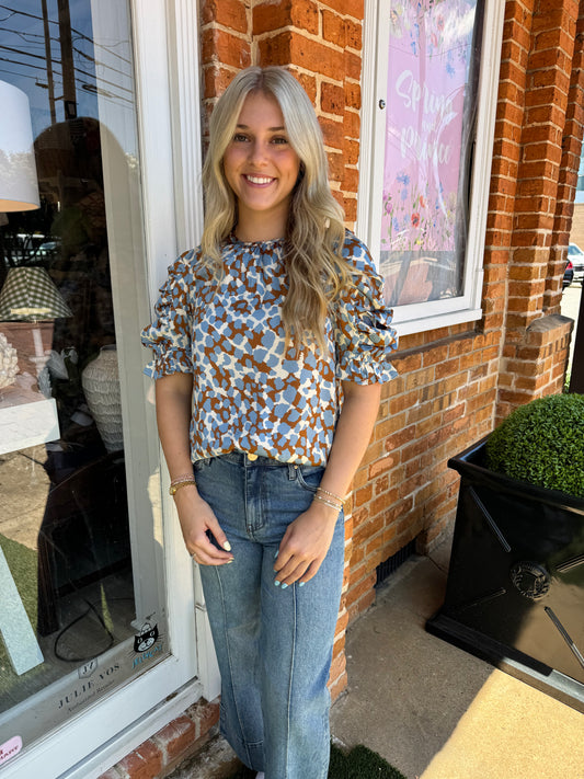 Spotted Print Ruched Sleeve Top in Blue