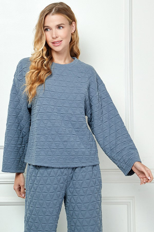 Quilted Long Sleeve Top - Blue/Grey