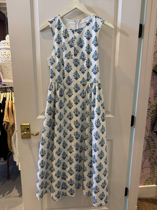 Sleeveless Block Print Floral Dress- White