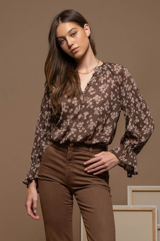 Floral Long Sleeve Blouse - Brown