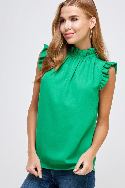 Ruffle Neckline and Sleeve Top - Kelly Green