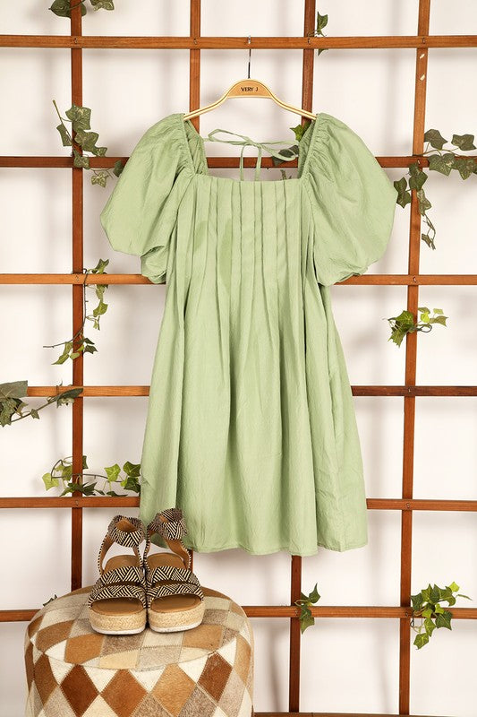 Puff Sleeve Pleated Mini Dress - Sage