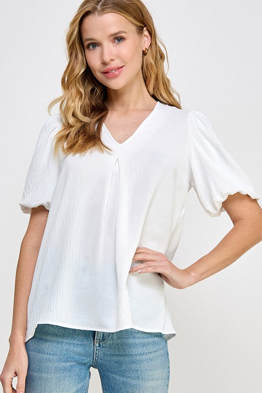 Solid Bubble Sleeve Top - White