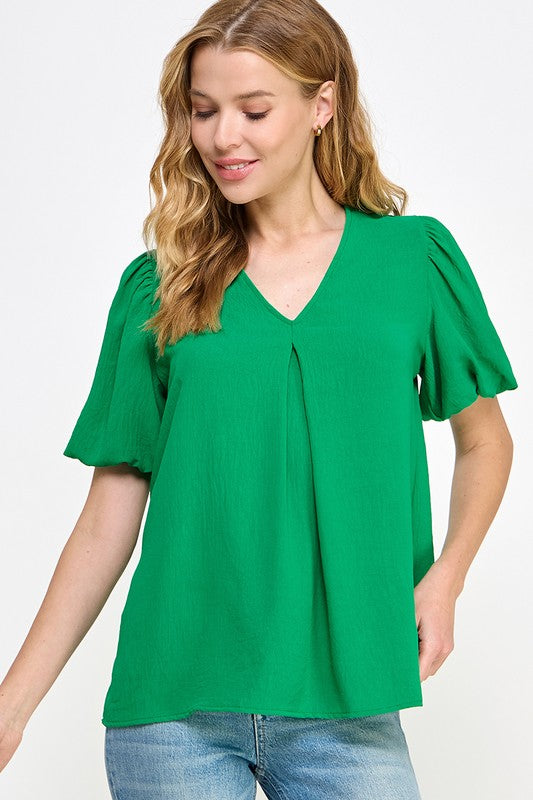 Solid Bubble Sleeve Top - Kelly Green