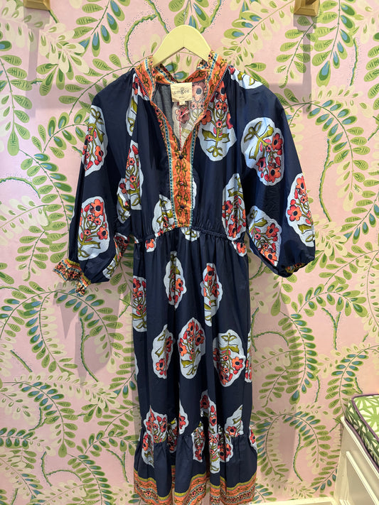 Floral Patch Midi Dress-Navy