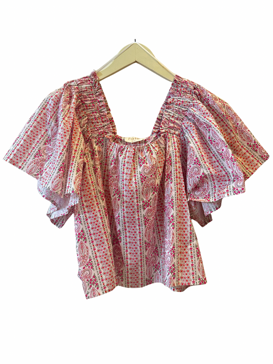 Printed Poplin Square Neck Top Pink Multi