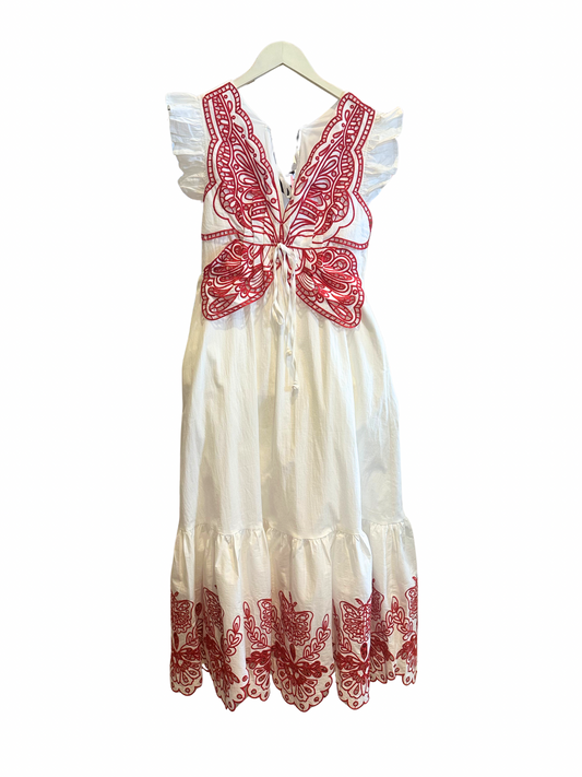 White Flutter Sleeve Maxi Dress with Red Butterfly Embroidery Detail