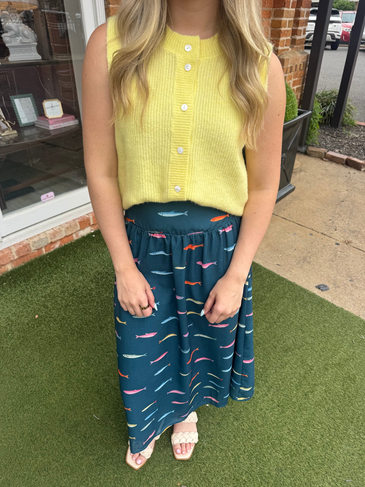 Fish Print Smocked Back Waist Midi Skirt- Navy
