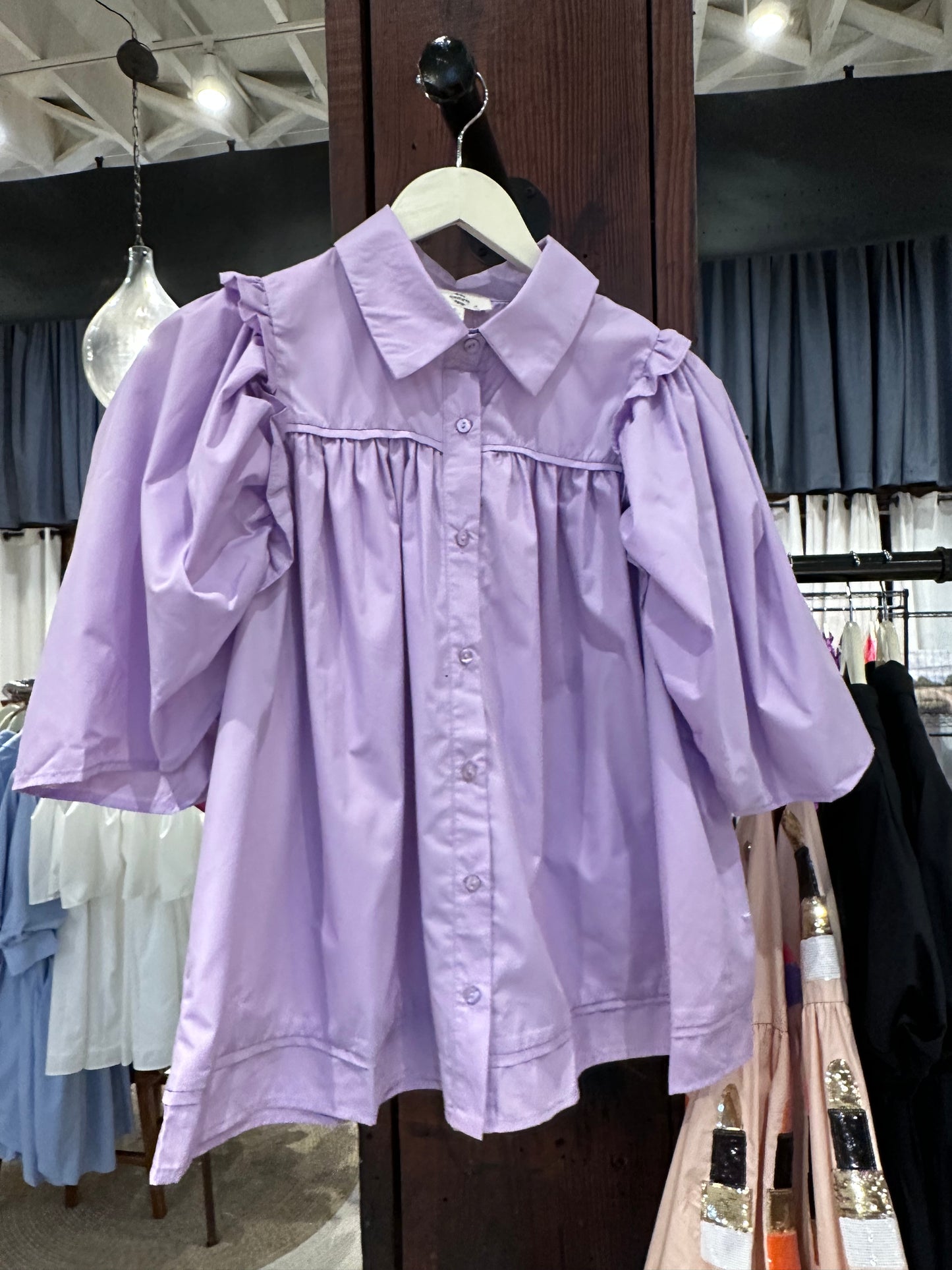 Solid Button Up Half Sleeve Top - Lavender