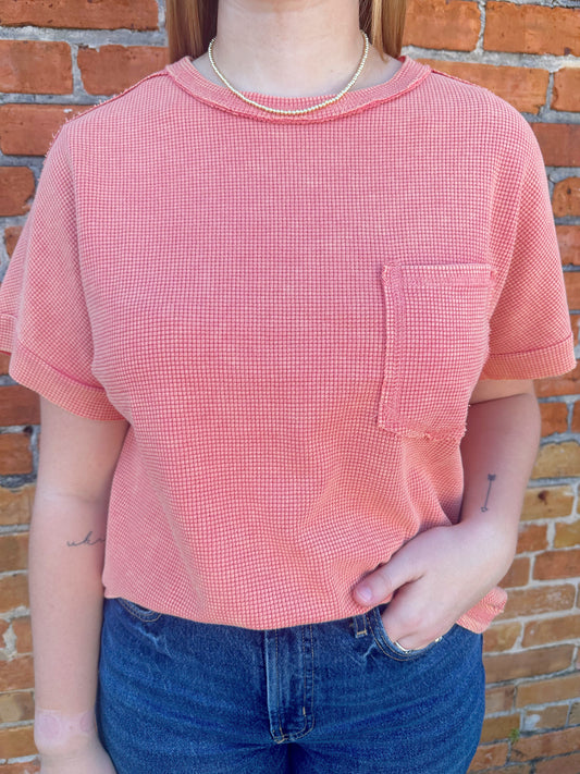 Oversized Washed Waffle Casual Knit Top - Coral