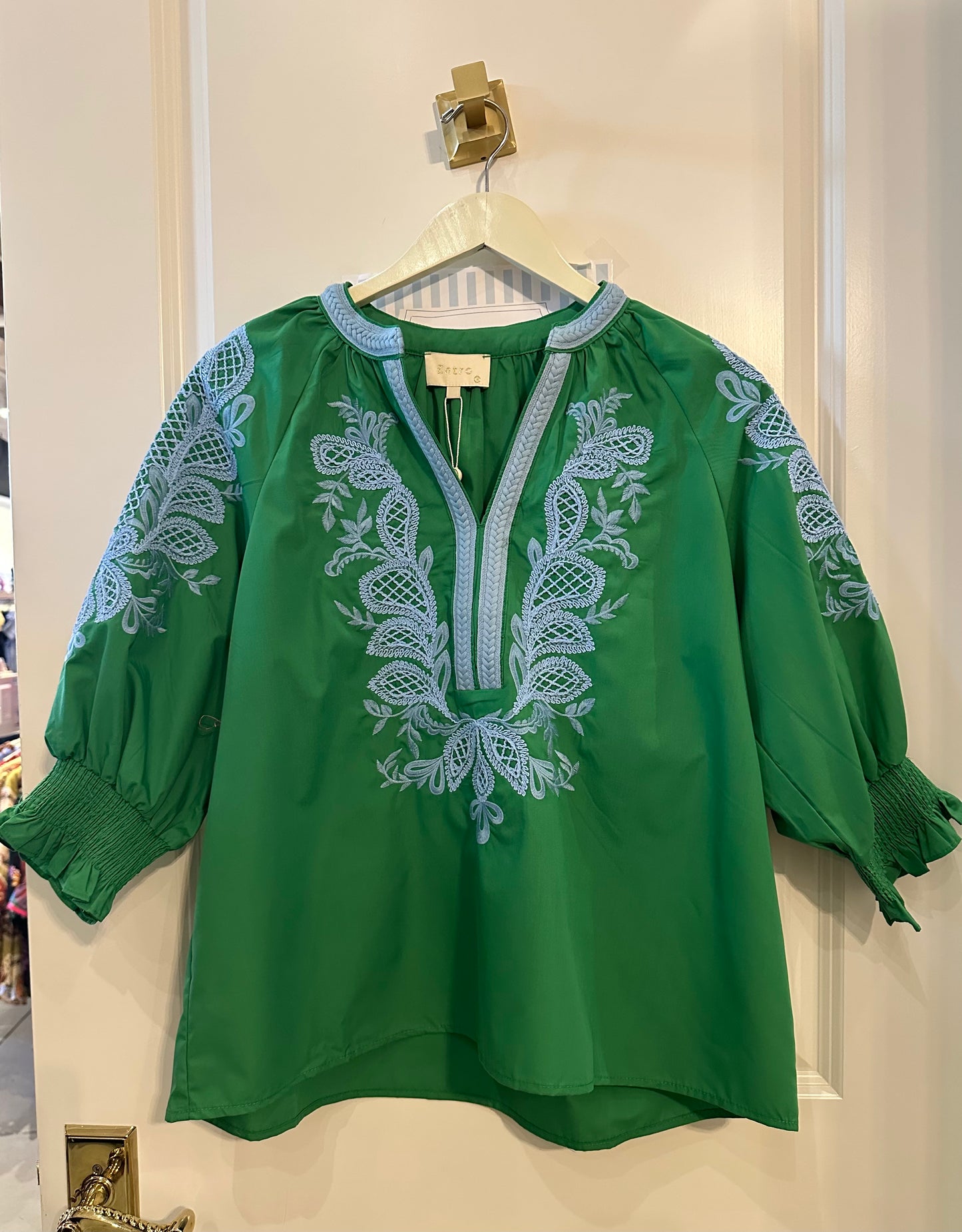 Solid embroidered 3/4 sleeve top- Green
