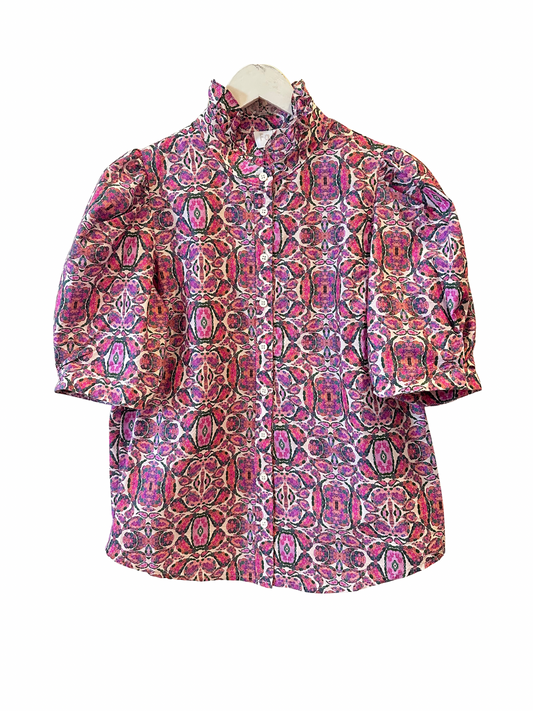 Puff Short Sleeve Ruffle Neck Button Down Top Pink Multi