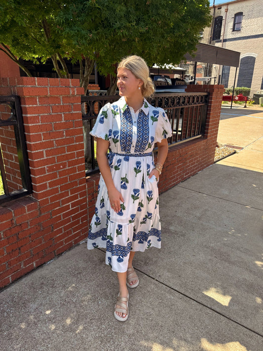 Floral Puff Sleeve Long Dress- Blue