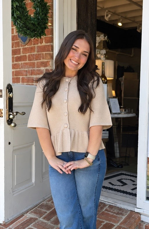 Ribbed Button Up Short Sleeve Peplum Sweater
