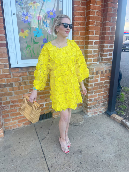 3D Floral Lace Dress - Yellow