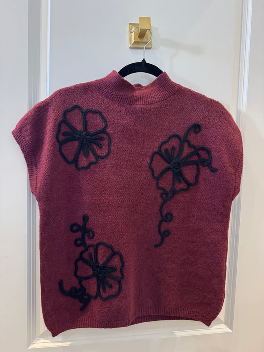 Mock Neck Constrast Floral Sweater - Burgundy