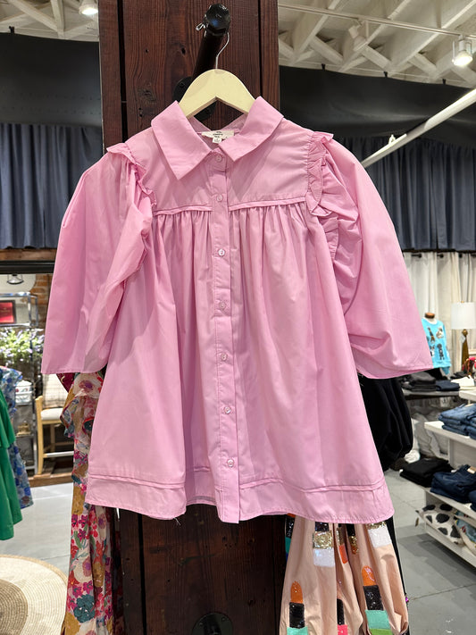 Solid Button Up Half Sleeve Top - Pink