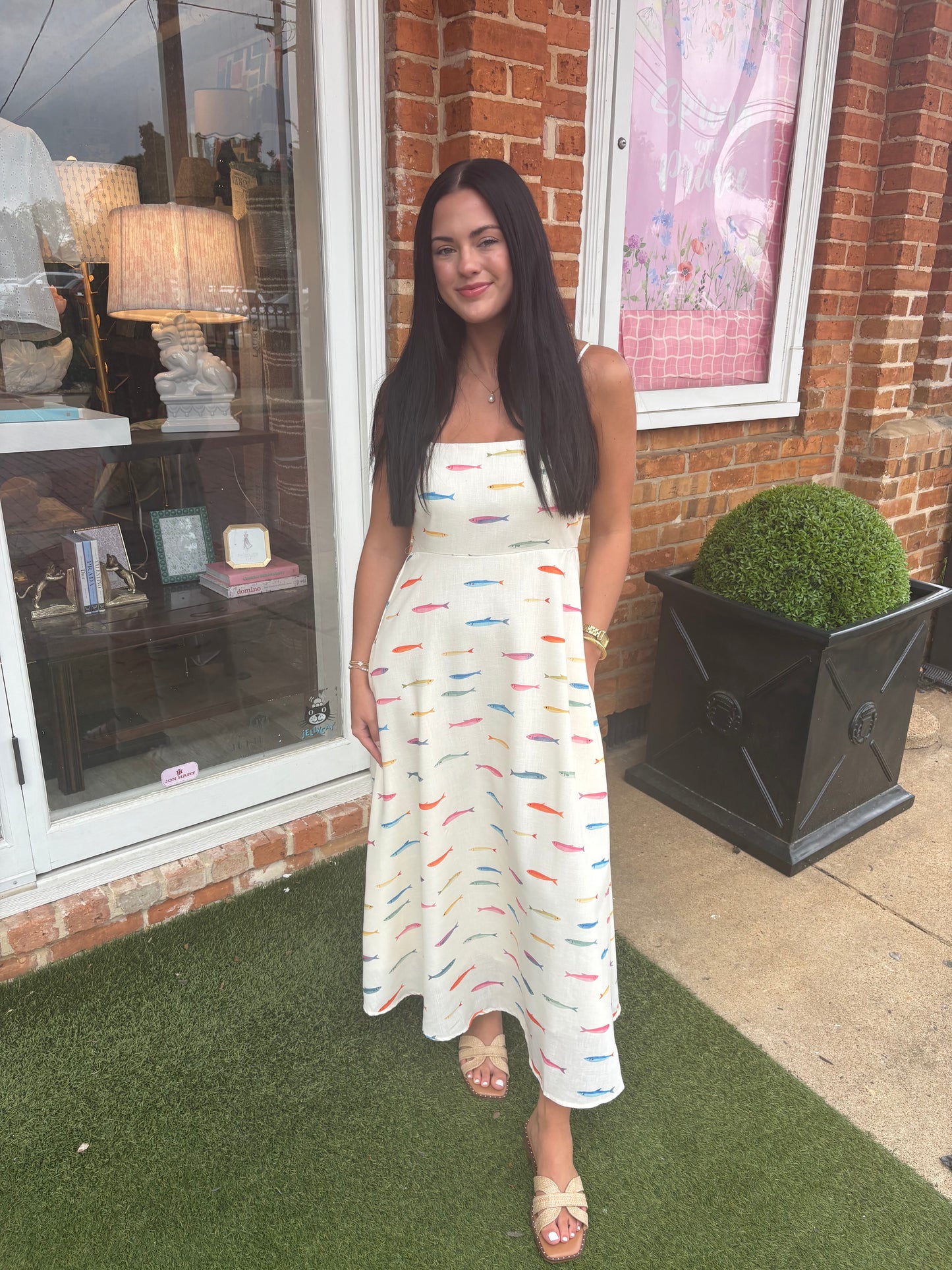 Fish Print Dress- Cream Multi