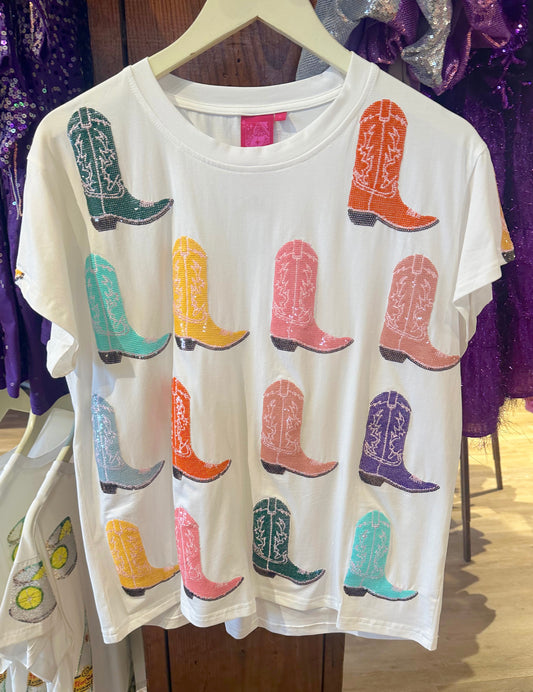 QUEEN OF SPARKLES White Multi Cowboy Boot Tee