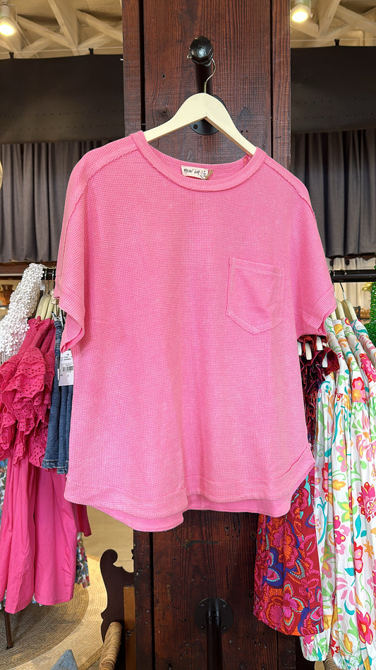 Oversized Washed Waffle Casual Knit Top - Pink